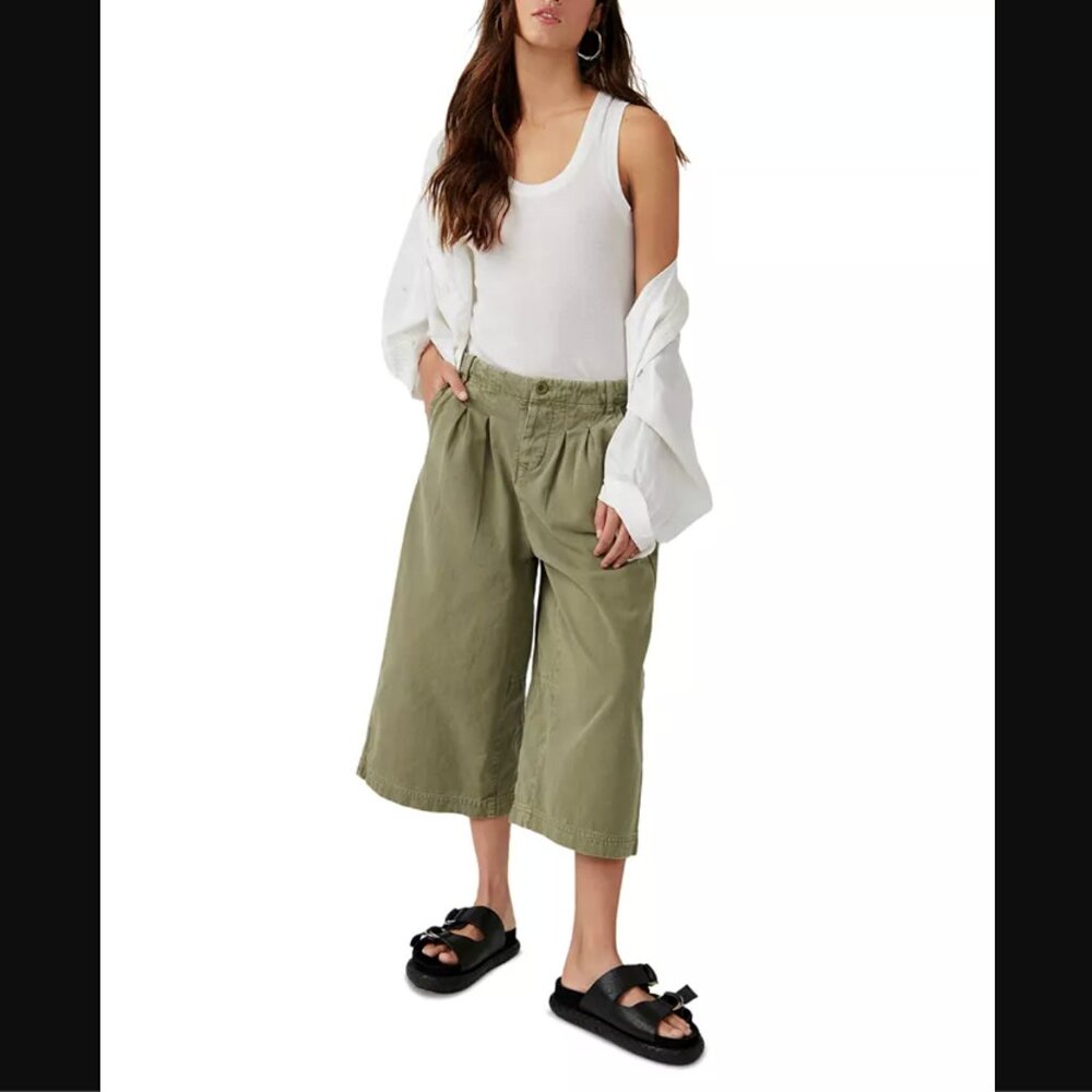 Free People Hard Rain Cropped Gaucho Pants - Washed Pine Green - Size: 4